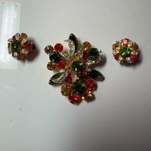 Vintage Elegant Multicolor Brooch/Pin And Clip On Earring Set